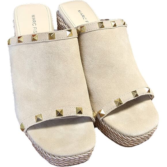 NWOT Marc Fisher Nude Suede Wedge Platform Espradille Sandals Studs Boho 8.5 - Picture 2 of 12